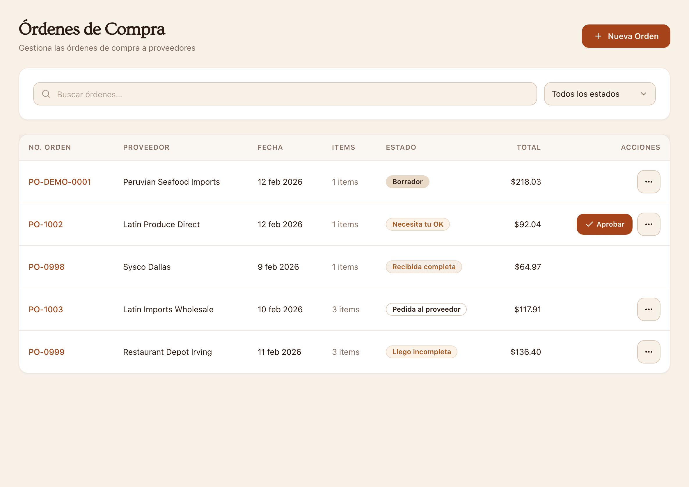 86MISE purchase order list showing suppliers, totals and approval states